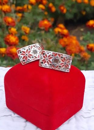 Большие серебряные серьги "вышиванка" с эмалью