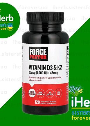 Force factor, vitamin d3 &amp; k2, 120 vegetable capsules, басы, витамины. сша, iherb