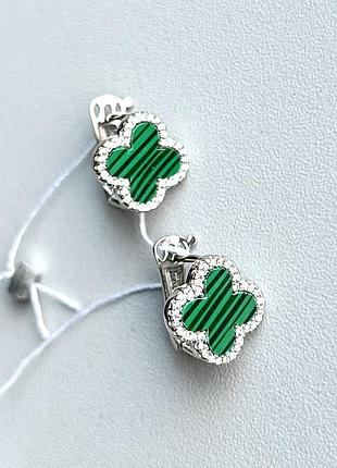 Срібні сережки з малахітом і фіанітами конюшина родовані жіночі 925