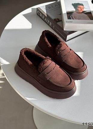 Натуральная замша, шоколадные зимние угги-лоферы " latin "