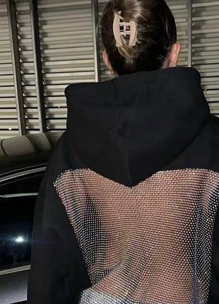 Женский худи с акцентной спинкой из сетки в камине теплое на флисе оверсайз черный