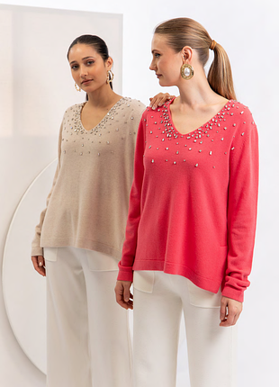Пуловер коралового кольору оздоблення камінцями christina paris, франція
