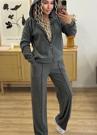 Костюм двійка жіночий кофта на змійці з капюшоном і штани вʼязка мокко чорний графіт капучино 42-54