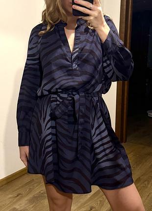 Сукня з поясом mango. сукня принт зебра  синя жіноча сукня