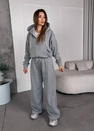 Жіночий повсякденний спортивний теплий костюм двійка штани та кофта на змійці з капюшоном тканина тринитка на флісі