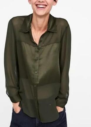 Блуза zara xs прозрачная рубашка на пуговицах комбинированная вискозная с рукавом цвет оливковый