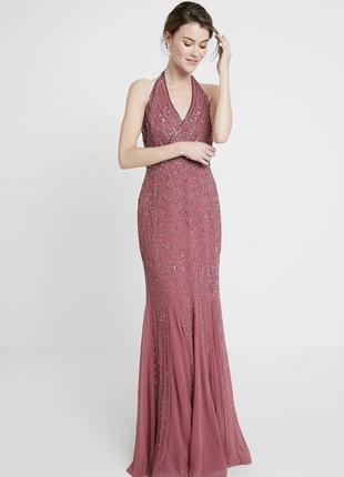 Бордовое расшитое длинное вечернее платье lace & beads