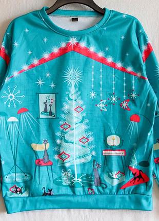 Гарний теплий світшот з котиками жіночий утеплений кофта зимовий святковий новорічний різдвяний коти ялинка кіт