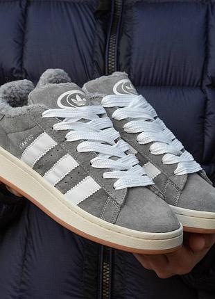 Кросівки чоловічі зимові adidas campus winter fur grey white хутро