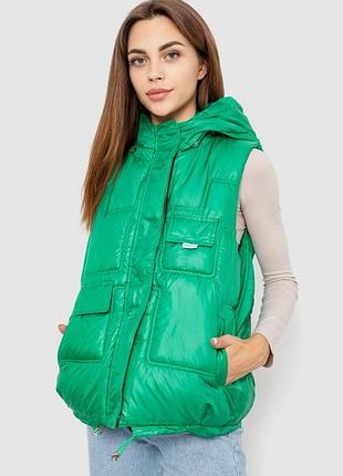 Жилет женский однотонный с капюшоном, цвет зеленый