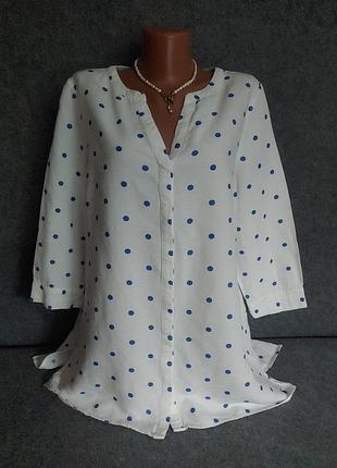 Белая удлиненная натуральная (лен вискоза)  в синий горох блуза 48 размера