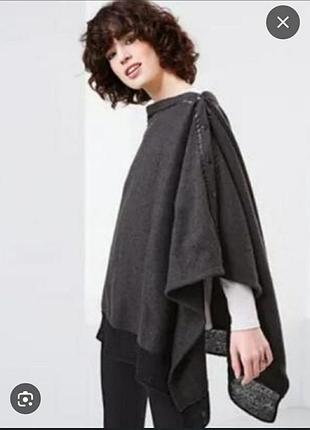 Женский, крупный флисовый шарф, накидка, пончо серого цвета, теплый.