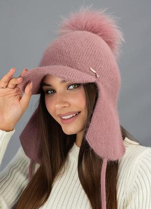 Женская теплая шапка-ушанка с шерстью кролика, альба, темная пудра