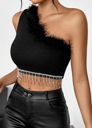 Топ з натуральним пірʼям та камінцями від shein