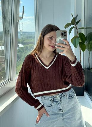 Шоколадний вкорочений обʼємний светр 1+1=3
