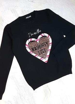 💝1+1=3 стильный черный свитер с сердечком из пайеток, размер 48 - 50