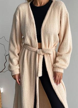 Бежевий теплий жіночий кардиган альпака рубчик довгий на запах з поясом універсальний розмір 42-48 арт 1686