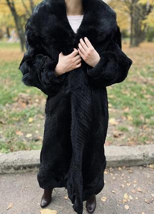 Чорна довга шуба з вовчого хутра | розмір m-l