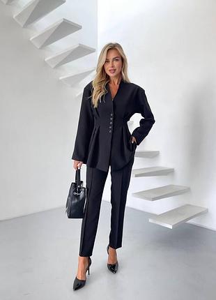 Чорний класичний костюм приталений піджак + вкорочені брюки 1678