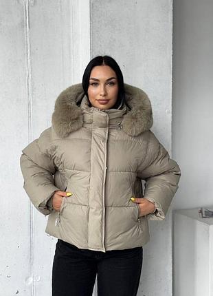 Куртка пуховик з капюшоном беж чорна тепла коротка