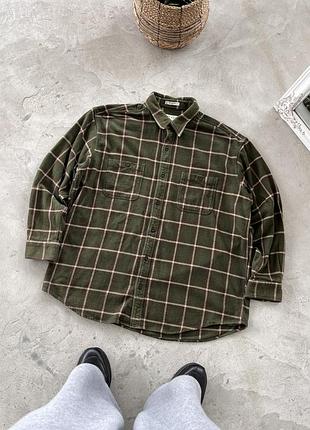 Вінтажна дуже плотна зелена оверсайз сорочка orvis у клітинку утеплена сорочка