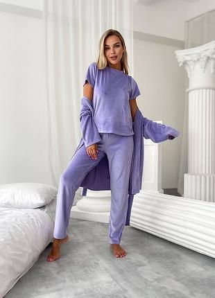 Фіолетова бузкова велюрова піжама трійка халат+ футболка + штани 1675
