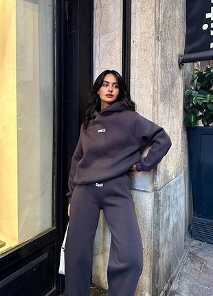 Женственный спортивный костюм с флисом худи и штаны, оверсайз, графит цвет