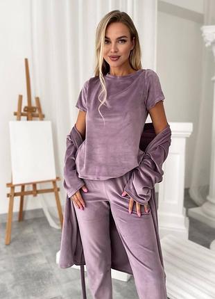 Пудрова жіноча піжама трійка велюрова халат + футболка + штани 1675