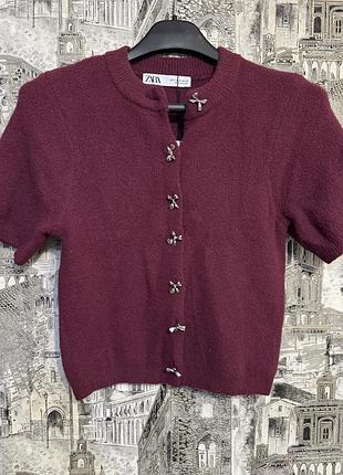 Кардиган плюшевий бургунді zara на ґудзиках бордовий