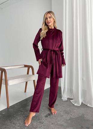 Бордова велюрова жіноча піжама трійка 1675 халат + футболка + штани