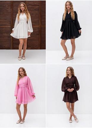 Красивое шифоновое платье на девочку праздничное нарядное подростковое: белое, черное, розовое, шоколад (коричневое)