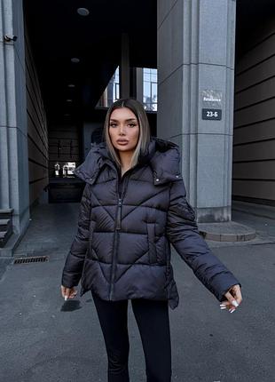 Женский черный дутый теплый зимний пуфер пуховик черная дутая зимняя куртка