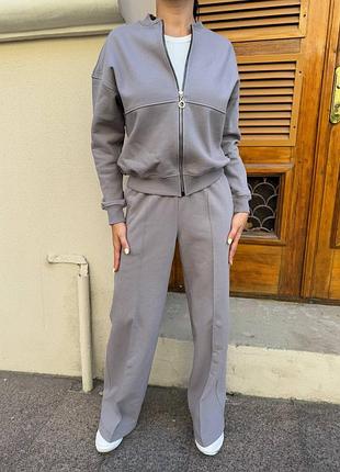 ‼️не кошлатиться‼️теплий костюм на флісі бомбер + штани палаццо лакоста світло-сірий, утеплений спортивний костюм без капюшону, 787