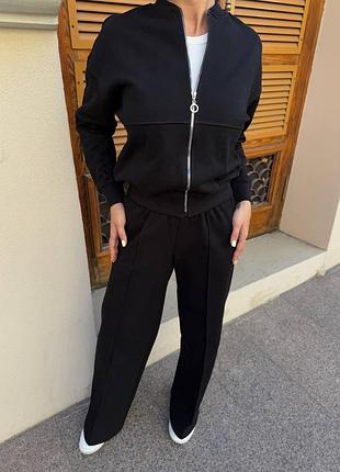 ‼️не кошлатиться‼️теплий костюм на флісі бомбер + штани палаццо лакоста чорний, утеплений спортивний костюм без капюшону, 787