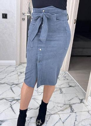 Трендовая стильная женская замшевая юбка-миди с поясом код 1413