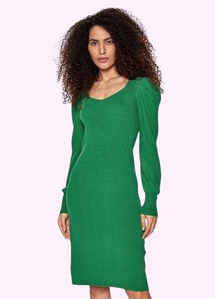 Сукня міді жіноча тепла в рубчик з обʼємними рукавами vila s зелена