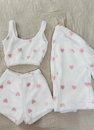 Жіноча повсякденна домашня піжама трійка шорти топ та кофта тканина махра принт туреччина