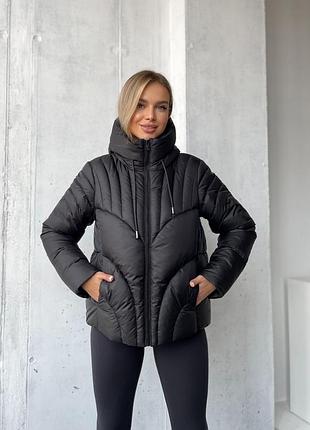 Теплый зимний пуфер с капюшоном на биопуху черный, женский пуховик на зиму, пуффер зима, 134