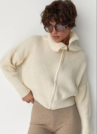 30% шерсть молочний турецький оверсайз светр світер з замочком кардиган на змійці з високим воротом