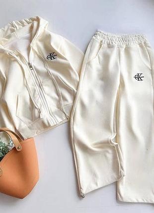 Жіночий повсякденний теплий спортивний костюм двійка штани палаццо та кофта на змійці з капюшоном тканина якісна дорога тринитка на флісі туреччина