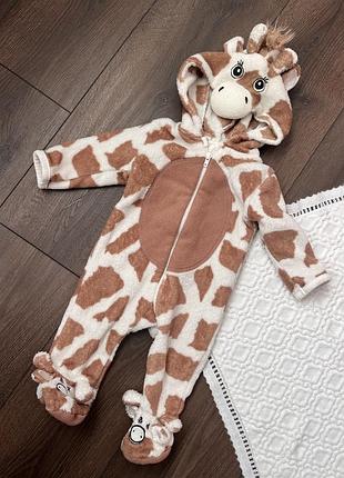 Плюшевий типу флісовий чоловічок сліп на замочку з капюшоном для дитини 3-6 міс 68 см жирафа кігурумі осінь зима весна з капюшоном