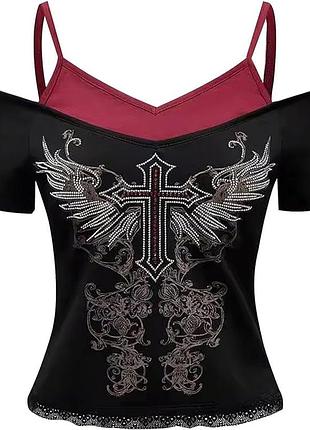 Футболка y2k женская гранж-топ эмо винтаж с коротким рукавом в стиле харадзюку черный красный