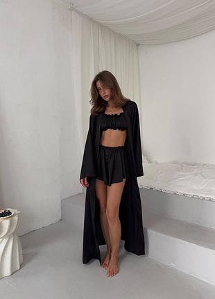 Комплект 3-ка армані шовк / жіночий домашній комплект  шоколадний, чорний