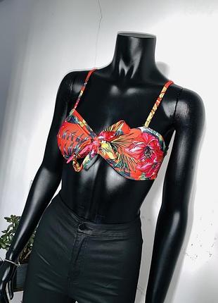 Топ-бра женский яркий в тропический принт 🌺 оранжево-красный с лифом на косточках