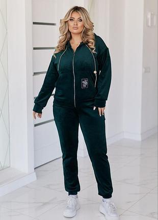 Женский велюровый спортивный костюм двойка на молнии батал зеленый королевский велюр