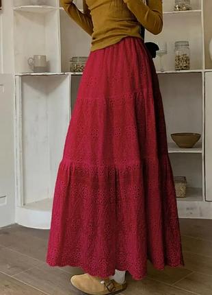 Довга триярусна спідниця бордо винна лляна на гумці бохо ретро максі в підлогу