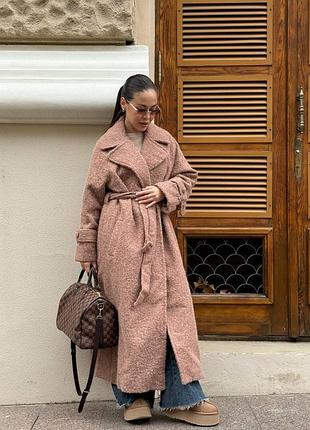 Жіноче осіннє пальто кашемір альпака пухнасте з поясом весна осінь шоколадне молочне рожеве сіре чорне бежеве