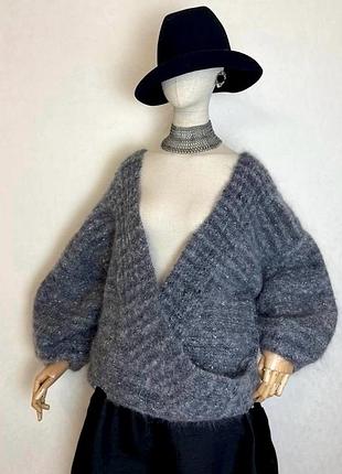 Мохер,вовна,пухнастий светр на запах,великий розмір,hand made