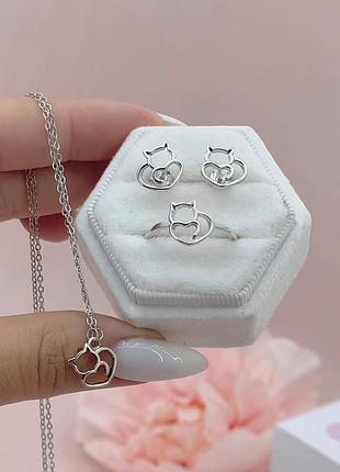 Срібні сережки «котик» ,браслет,намисто