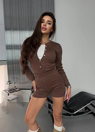 Женский теплый вязаный трикотажный термокомплект термокостюм боди с шортами шоколадный шоколад